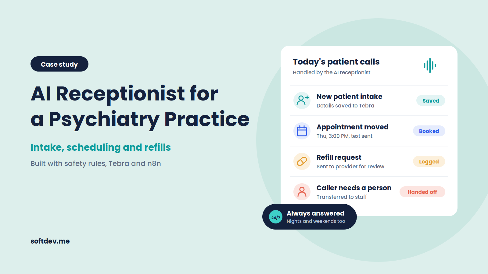 Building an AI Receptionist for a Psychiatry Practice: Intake, Scheduling and Refills cover image